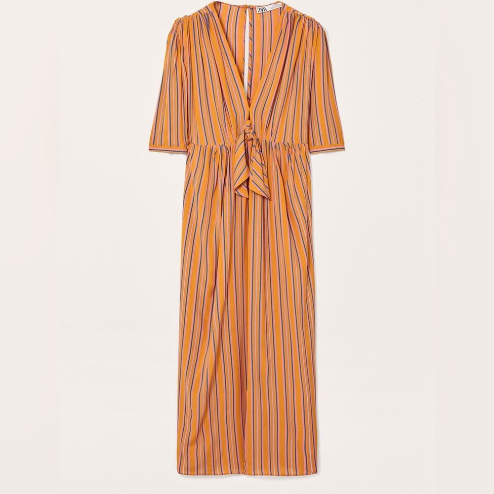 Zara Orange, White, Blue & Pink Striped Tie-Front Midi Dress